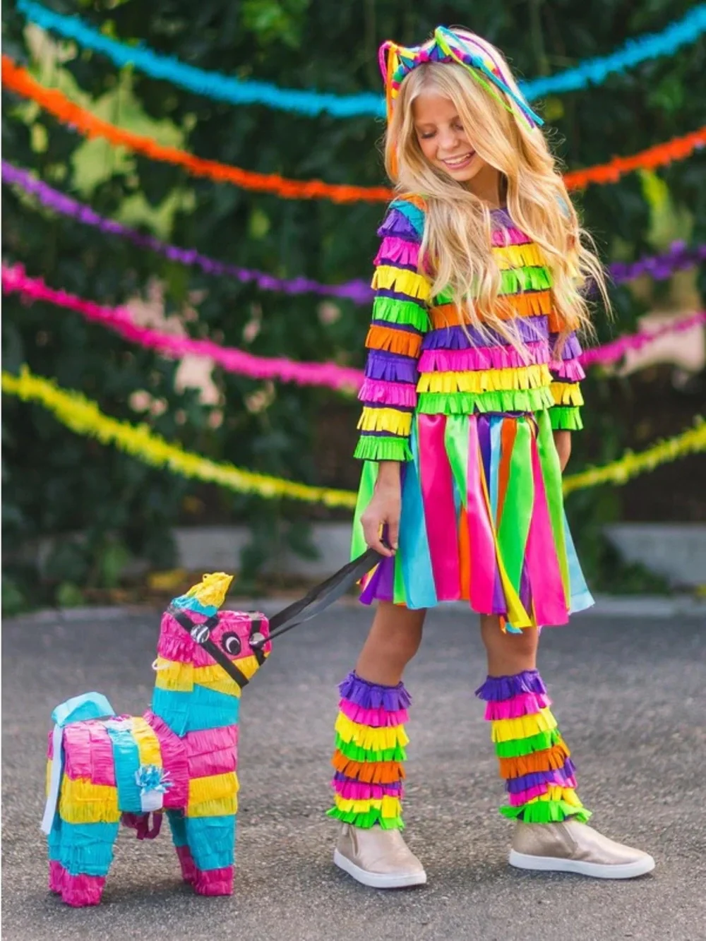 Sparkle in Pink Rainbow Piñata Costume Dress with Fringe